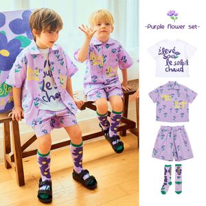 BEBEBEBE Children's Summer Set 2024 New Male And Female Korean Version Purple Flowers Short Sleeve Cotton T-shirt Shorts Fashion L2405