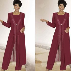 Burgundy Chiffon Bridal Fant Suit Fedding Mother of the Bride Abiti con abiti da sera formali da sera con giacca lunga