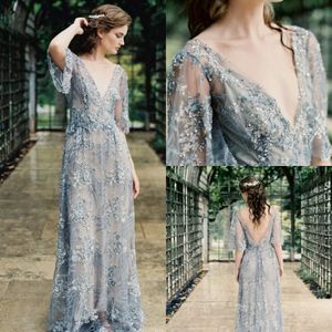 A Line Evening Dresses Blue Appliques Sequins Tulle Floor Length Celebrity Dress Deep V Neckling Back Formal Prom Gowns 233j