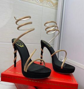 مصممي الكعب منصة الصنادل النسائية اللباس أحذية عالية الكعب الكاحل Wraparound حذاء مزينة الأفعى Sexy Strass Stiletto 12cm 8660114