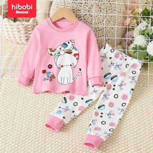 PAJAMAS Hibobi 2 pezzi 100% Pure Pure Cotton Childrens Autumn e inverno Round Neck Calmi Abbigliamento da casa Set di gatti carini e set di pigiami WX5.21