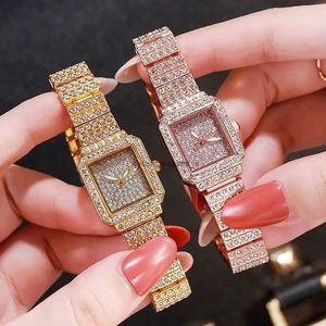 Gold Square Small Watch Fashion Trend Womens Set With Diamond Full Alloy Quartz Watch