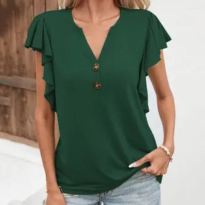 Damskie koszule 2024 Summer Kobiet T-shirt moda moda w szyku w szyku w szyku dekoltowa koszula Eleganckie biuro stałe kolor Slim Colę