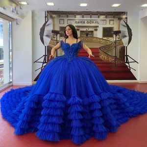 Gillter Royal Blue Quinceanera فستان قبالة الكتف الديك