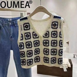 OUMEA Women Boho Style Sweater Vest Kontrollmönster Spring Ethnic Cardigan Buttons Front Vintage Sticking Hollow Out Cardigan 240516