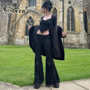 Kvinnors byxor wowootd goth mall flare sexig svart spets lapptäcke hög midja vintage harajuku hippie punk grunge streetwear y2k