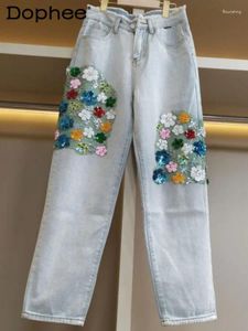 Jeans femininos Tailândia Flores doces Mulheres folgadas da cintura alta coreana emagrecer calça de harém elástico calças jeans de jeans