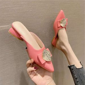 Sandals Baotou Pointed Half Thick Heel Slipper Female 2024 Spring and Summer Net Red Fairy Lazy Muller Shoes Cool Slipper eda