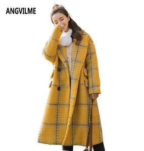 Angvilme 2017黄色の格子縞のカシミアオーバーコートウィンターコート女性ウールブレンドジャケットポンチョウールコートウォームツイードトレンチ2985450