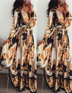 Donne Boho Wrap Abito Summer Lond Holiday Maxi Sliedo Scaccia Stampa a V-Neck Long Sleeve Elegante Dresses Cocktail Party2771032