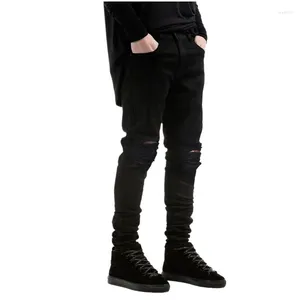 Мужские джинсы мужчины черные разорванные худое хип -хоп джинсовая ткань царапина байкера бегут брюки дизайнерские брюки