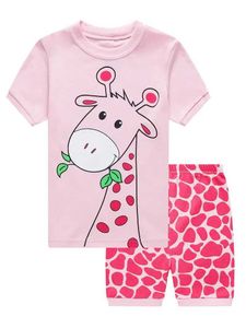 Pyjamas barn och flickor bomullstecknad giraff tryckt pyjama set kortärmad t-shirt+matchande kortärmad botten barn som sommarkläder wx5.21