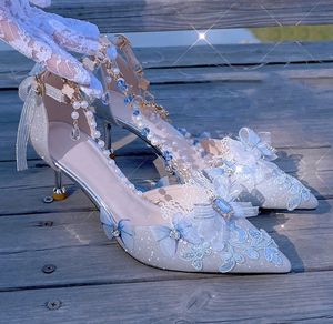 Lyxdesigner Womens High Heelss Shoes Women Party Banquet Wedding Heel Sandals Glitter Crystal Pearl Lace Butterfly Shoe Heeled Platform White Blue Pink With Box