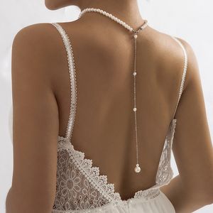 Vintage zarif simüle edilmiş inciler klavikula gerdanlık kolye kadınlar için uzun zincirli püskül kolye düğün mücevher bikini göğüs 240515