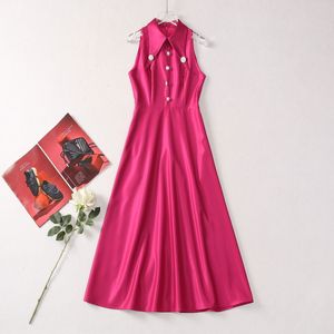 Europa och USA: s kvinnor 2024 Summer New Lapel ärmlösa nagelborrknappar Rose Red Fashion Pleated Dress XXL