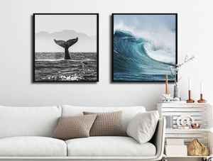 ブラックホワイトポグラポスター海の波のキャンバス絵画クジラの壁アートプリント壁のリビングルームのためのモダンな絵1309021