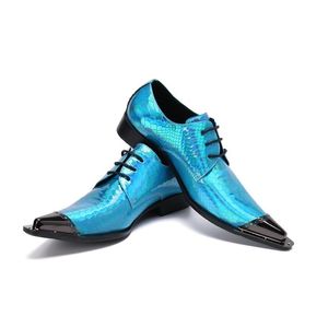 패션 블루 진짜 가죽 파티 옥스포드 신발 큰 크기 뾰족한 발가락 브로그 신발 신랑 웨딩 드레스 신발 orvlu