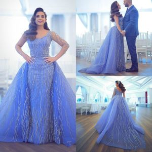 2020 Arabic Evening Dresses With Detachable Train V Neck Lace Appliques Beading Long Sleeve Sheath Prom Dress Party Plus Size Women Gow 229K