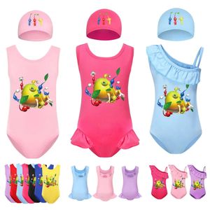 Hot Game Pikmin 4 Clothes Kids 2024 Summer Swimwear Baby Girls Cartoon One Piece Beach Wear Children Sleeveless Ruffle Swimsuit L2405