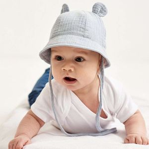 Tecknad öron baby hink hatt söt fast färg bomullsspädbarn panama sol mössa sommar breda rim barn fiskare mössor motorhuv