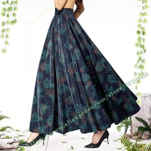 スカート女性服レトロビンテージエレガントな花柄のハイウエスト傘ウールマキシロングスカート冬プラスサイズ2024