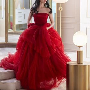 2024 Hot Sale Red Wedding Dress Strapless Pleats Lace Up Tulle Ball Gown Bridal Bride Gowns Vestido de Noiva New Custom Made