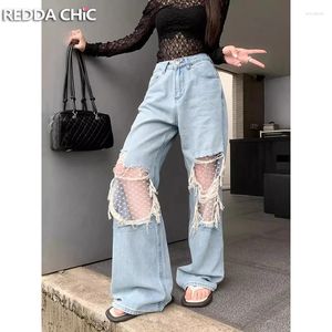 Jeans feminino Reddachic Women Lace Stitch Destruído Baggy Retro Blue Lavagem Alta Cídhar da perna larga Pontas casuais Roupas coreanas