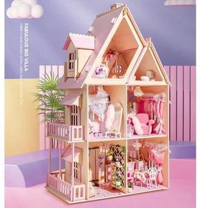 Bebek ev aksesuarları diy ahşap bebek evi mini bina kiti prenses büyük ev bebek evi ile mobilya villa oyuncaklar kız doğum günü hediyesi q240522