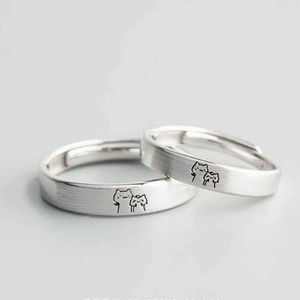 Anéis de casal 2 peças/conjunto de anel de prata fofo com padrão de gatinho para casais anel de dedão ajustável para homens namoro jóias para casais S2452301