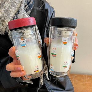 Kupalar Karikatür Hayvan Baskılı Cam Taşınabilir Şeffaf Su Şişesi Çift Kapaklı Basit Güzel Ayı Kullanışlı Süt Kahve Fincan