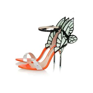 Frakt damer gratis patentläder höga häl sandaler spänne rose fasta fjäril ornament sophia webster sexig sko orange m 155