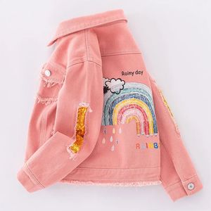 5-12 år Teen Girls Denim Jacket Fashion Pink Rainbow paljetter Jean Coat för flicka Spring Autumn Children Ytterkläder kläder 240522