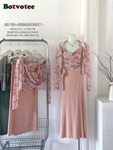 İş elbiseleri Botvotee vintage elbise setleri tank üstü ve etek ile 3 adet set yaz v yaka eşleşen çiçek a-line diz boyu
