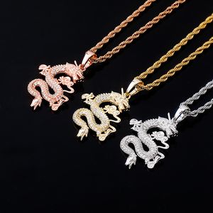 Hip Hop Chinese Dragon Pendant Necklace 14K Gold Plated Solid Copper Jewelry
