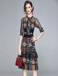 Bordado vintage Bordado Floral Midi Lace Dress Women 2022 Designer Runway Elegant Ladies Casual Cocktail Dressos Halva Slim Black5695453