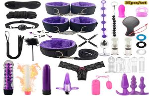35 PCs Set Sexprodukte Sex Spielzeug für Frauen BDSM Sex Bondage Set Anal Plug Dildo Vibrator Whip Handschellen für Erwachsene Spielzeug Slave -Spiel MX202075071