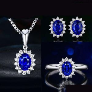 Earrings & Necklace Blue Red Yellow Green Purple White Zircon Crown Set Ring Earring Pendant Female Drop Delivery Jewelry Sets Dhs1I
