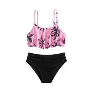 Two-Pieces Womens Swimwear Black+pink floor two-piece swimsuit for girls teenage girl tie bikini set for girls aged 7-14 WX5.22