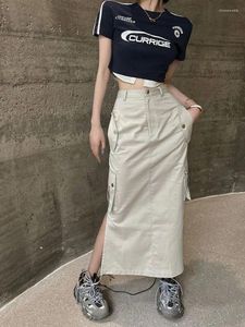 Röcke hohe Taille Ladung Langer Rock Mode Vintage Lose für Frauen lässig Streetwear Straight Split Y2K Faldas