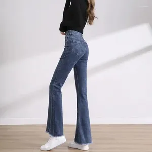 Женские джинсы 2024 Лето-стройные подъемы колокольчики Женщины разделяют высокие талию повседневные брюки Женская корейская модная джинсовая ткань расклешенные брюки