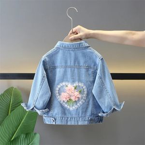 Barn denim jacka flickor kappa vår höst spets blomma barn ytterkläder casual jeans jackor baby dräkt 2-12 y 240522