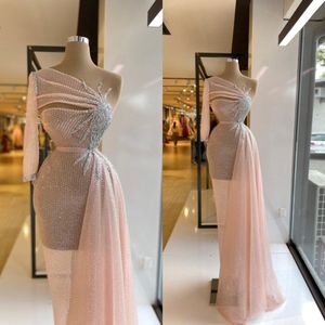 Pink one long shoulder sheath sequined prom dresses 2022 Sexy crystals cocktail party gowns B051701 241V