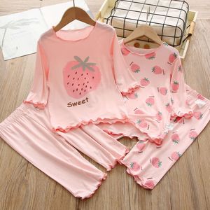 2023 Girls Pamas Summer Children's Ice Silk Clothing Sets Soft Sleepwear for Kids Teenager Homewear Baby Pijama 3-14years L2405