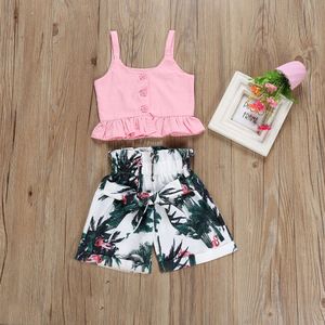 Baby Girl Gets Ruffles Sling Colet Top Shorts+Flores Pontas Roupa Crianças Roupas de Verão Sunsunha L2405