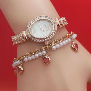 Fashionabla New Oval Full Sky Star Watch rostfritt stål Peach Heart Armband Womens Set