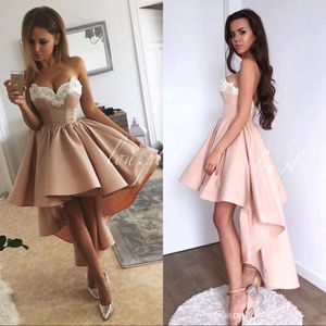 Fashion Short Front Long Back Cocktail Party Dresses A-Line Sweetheart High Low White Lace Appliques Blush Pink Satin Formal Prom Gowns 215L