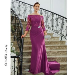 Fuchsia Off The Shoulder Mother Of The Bride Dress For Wedding Sparkly Sequins Appliques Prom Dresses Modest Long Evening Gown