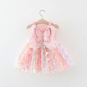 Girls' New Summer With Large Wings On The Back Drawstring Waist Mesh Colorful Butterfly Princess Dress Party L2405