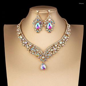 Hair Clips Luxury Crystal AB Color Choker Necklace Earrings Set Rhinestone Bridal Jewelry Sets For Bride Wedding Party Costume Bijoux Femme