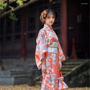 Ethnic Clothing Japanese Style Retro Pink Orange Cherry Blossom Bathrobe Kimono Traditional Nostalgic Adult Gift For Women